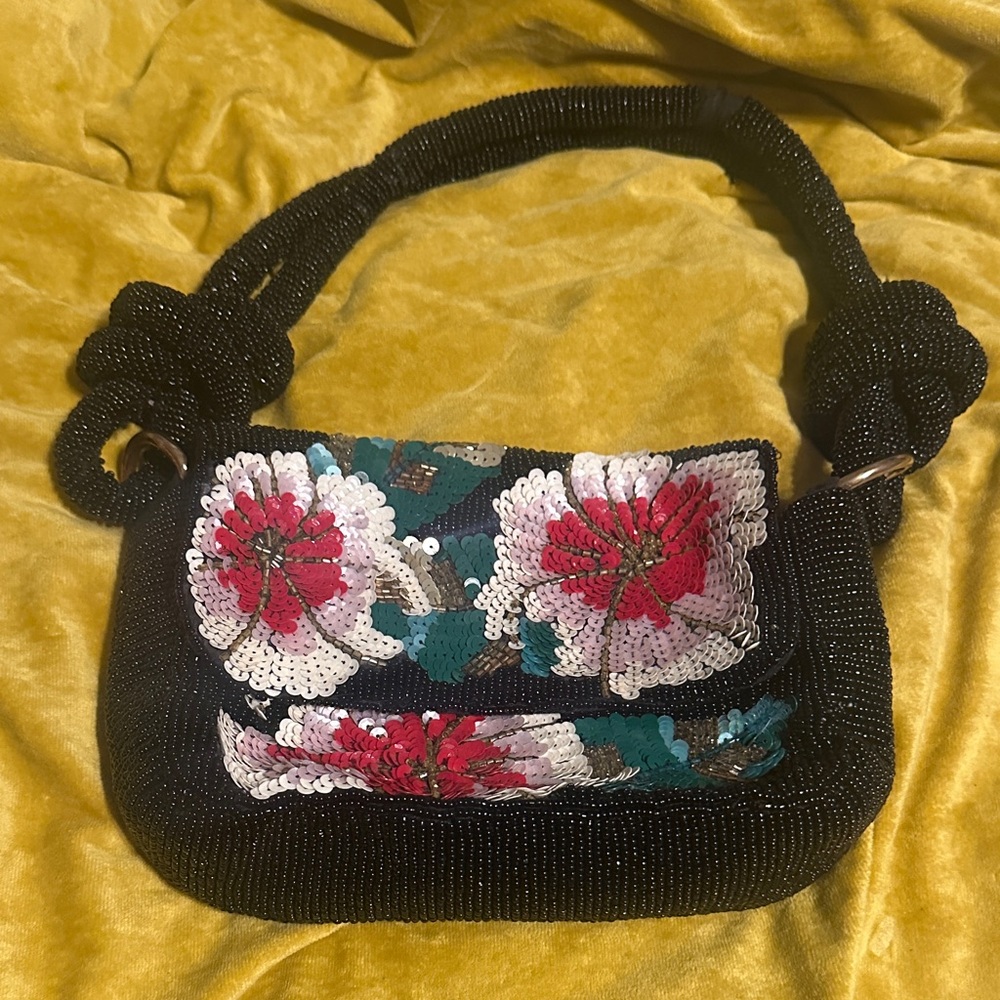 Anthropologie Black and Pink Floral Beaded hand Bag